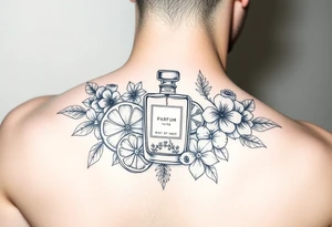 Modern perfume bottle surrounded by sliced citruses, woods, water and violet flowers tattoo idea