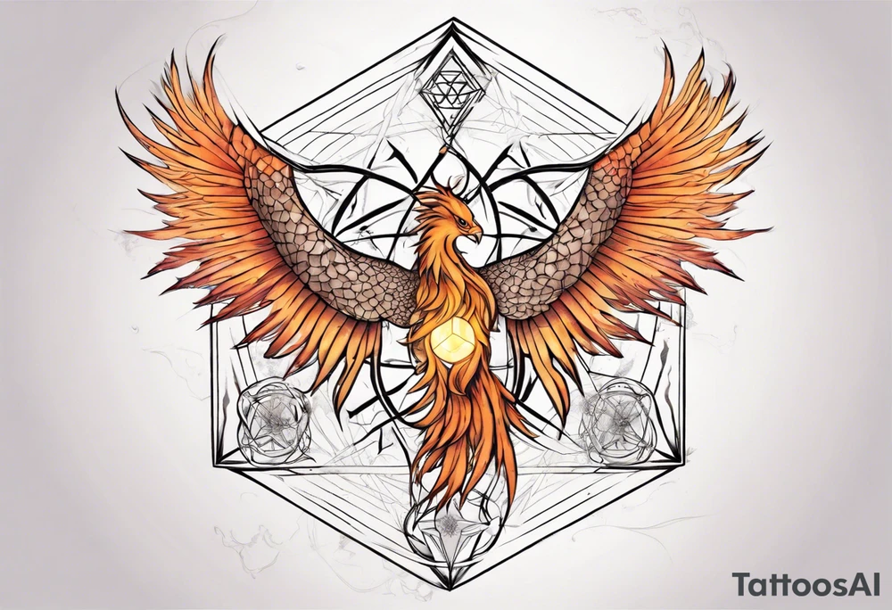 sacred geometry Metatron's cube with phoenix. Sleeve for woman's arm tattoo idea