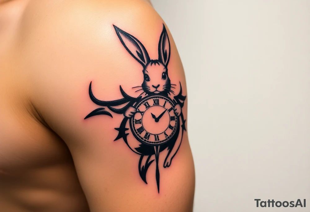 Tribal Rabbit holding a Clock tattoo idea