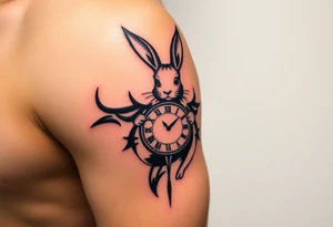 Tribal Rabbit holding a Clock tattoo idea