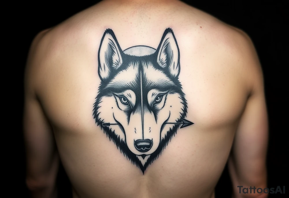 create a tatto of the face of a female husky looking at a half a moon with a arrow crossing from the face to the moon
 for the underarm tattoo idea