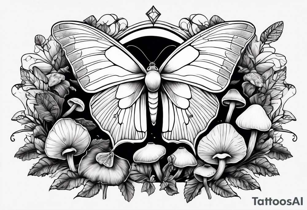 Woodland, cottage core, luna moth, fallen log with small amount of mushrooms tattoo idea