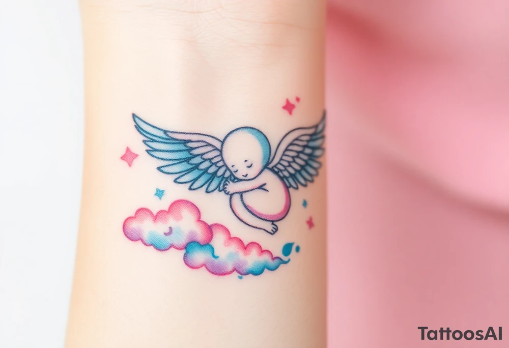 Winged baby, blue and pink watercolor, clouds tattoo idea