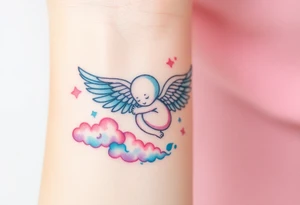 Winged baby, blue and pink watercolor, clouds tattoo idea