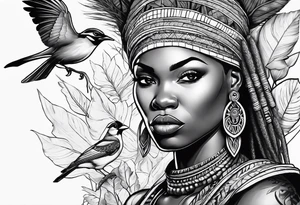 African woman warrior holding a spear with a mean look on her face with birds and leafys in the background and tattoo idea