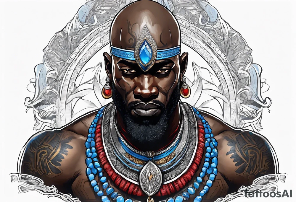 Black-skinned bald african god of war. He has a silver crown. He wears two simple necklaces: one blue, other red. Looking front tattoo idea