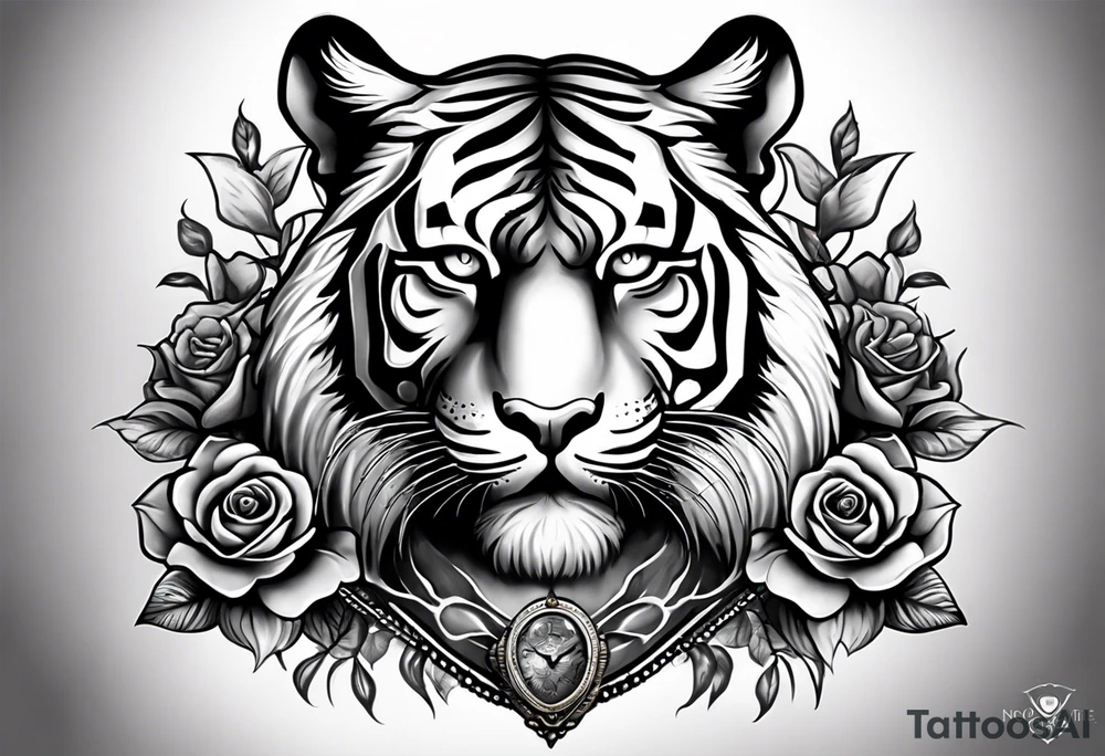 tiger with a crown and third eye with a hour glass instead the hour glass brain cover in in clouds and a heart cover in grass and roots with roses and smoke all over the arm tattoo idea