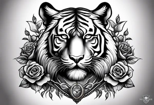tiger with a crown and third eye with a hour glass instead the hour glass brain cover in in clouds and a heart cover in grass and roots with roses and smoke all over the arm tattoo idea