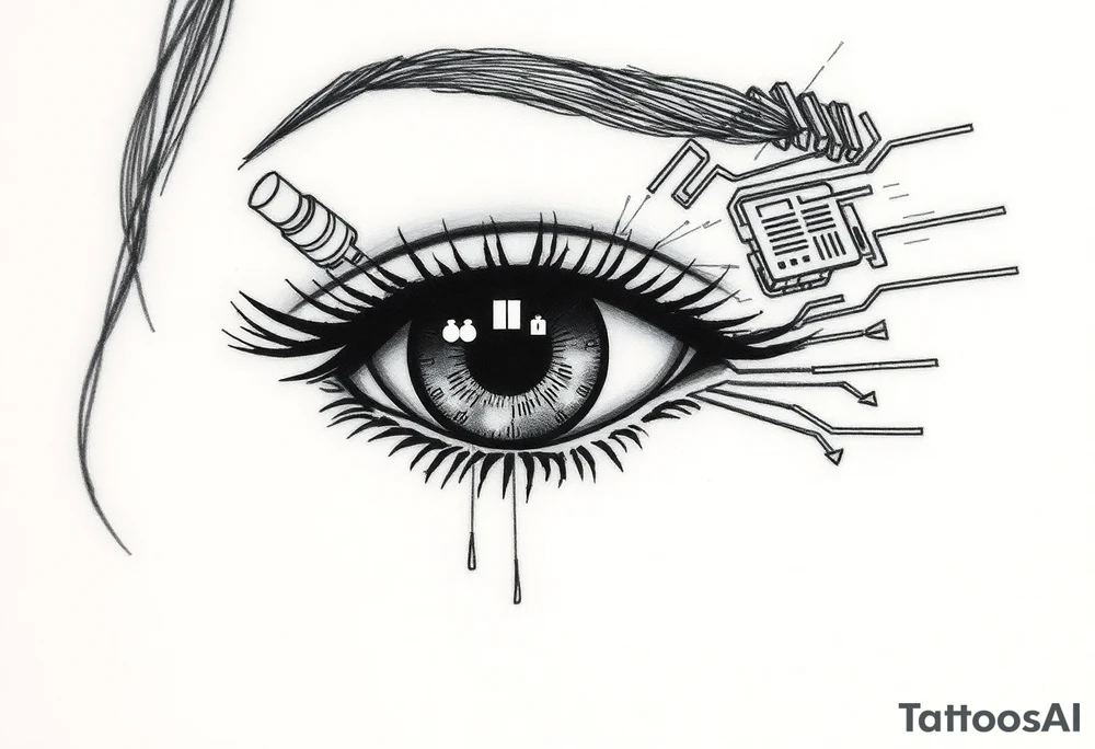 Cybernetic Eye with HUD Elements
A detailed eye with cybernetic implants and neon overlays.
A heads-up display (HUD) projecting out, featuring symbols, warnings, or static.
Neo-trad thick outlines and shading mixed with digital-style highlights. tattoo idea