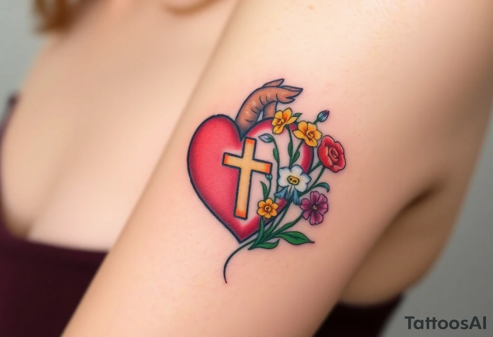 tattoo with heart
: one side representing death and the other life. (from death to life) with a simple cross down the middle. The life side I'd like the following flowers growing out of it: Morning Glory, Lily of the Valley, Daffodil, Rose, Poppy, and Iris tattoo idea