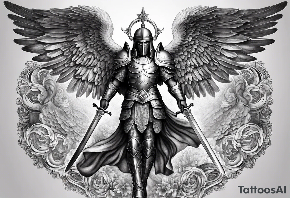 **Tattoo Design: Archangel Michael**

- **Central Theme**: Archangel Michael, majestic and powerful, stands ready with a raised sword, prepared to battle evil.
- **Appearance**: The figure of Archangel Michael depicted in full angelic armor, with majestic wings spread wide.
- **Expression**: His stance conveys strength, courage, and determination in defense of good.
- **Details**: Focus on intricate details such as facial features, armor embellishments, and the raised sword.
- **Background**: May be stylized as celestial, with rays of light or clouds, accentuating the divine presence of Archangel Michael.
- **Placement**: Intended for placement on the chosen body area, with the option to adjust the size according to personal preferences. tattoo idea