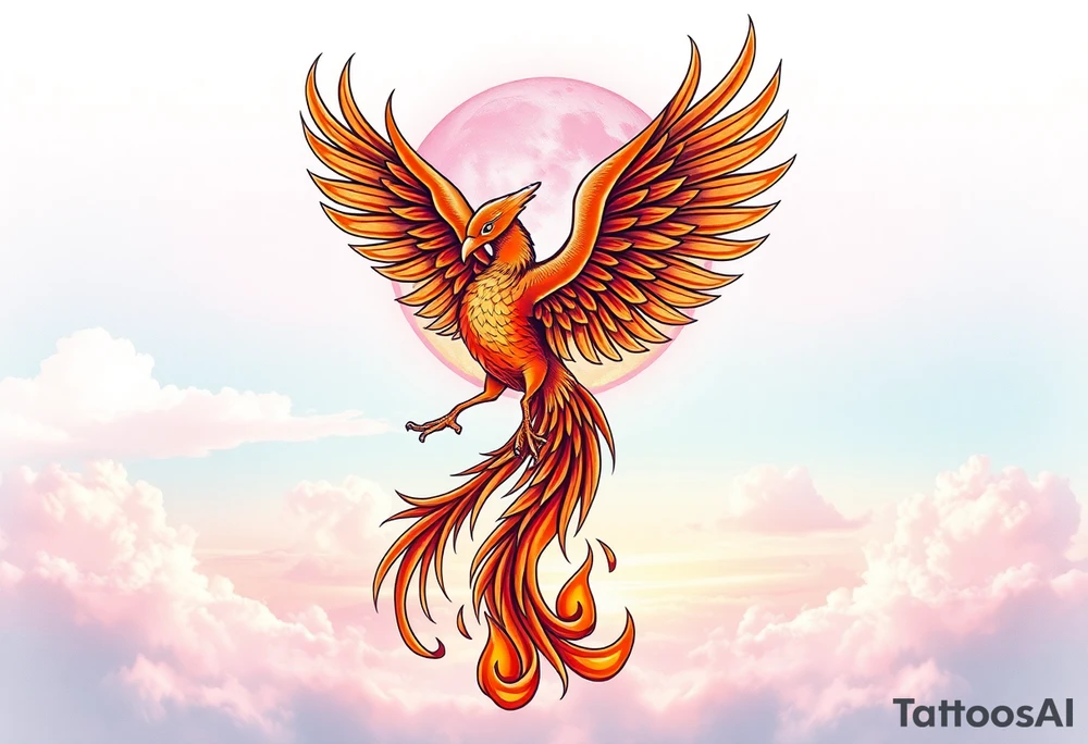 magnificent phoenix rising from flames with trailing embers with a pink and golden sunset and sky with puffy clouds and heaven backdrop tattoo idea