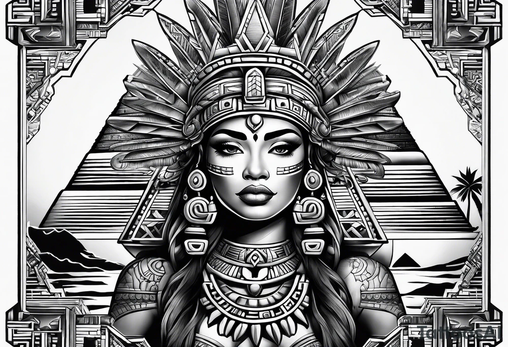 Aztec princess, mayan pyramid ollin symbol tattoo idea