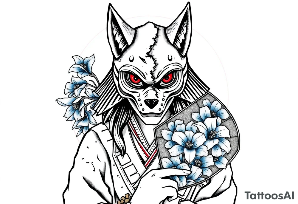 Woman samurai with red eyes wearing an half and broken kitsune mask, holding a japanese fan with blue Iris flowers tattoo idea