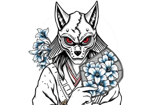Woman samurai with red eyes wearing an half and broken kitsune mask, holding a japanese fan with blue Iris flowers tattoo idea