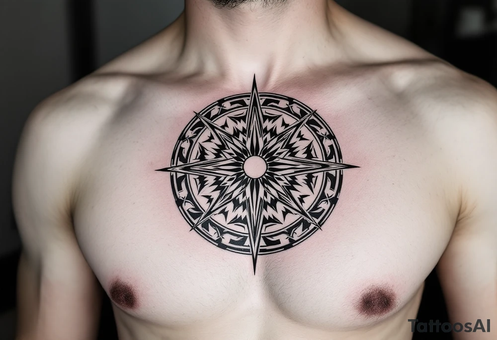 A wheel with tribal-style spokes, incorporating sharp geometric patterns in bold black ink. tattoo idea