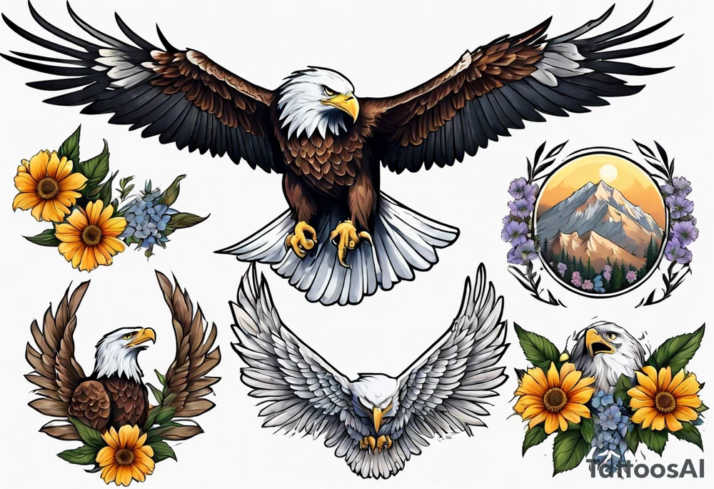 bald eagle with wings spread with mountain flowers in the background tattoo idea