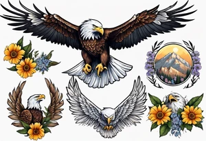bald eagle with wings spread with mountain flowers in the background tattoo idea