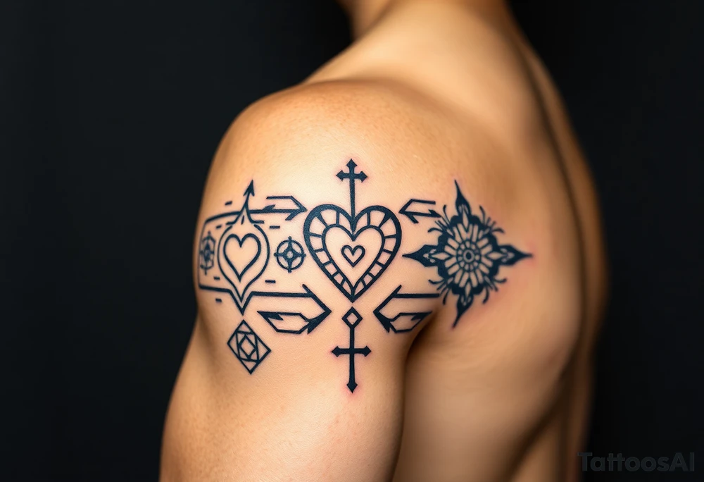 Cover right arm from shoulder to elbow, front and back.
Style is geométricas and tribal. Include healthy and wellness symbols, making a connection between the symbols. Include hearts and names of son and daughter small hidden in the symbols: Isabela, Gabriel, Laura.
Include cross
Draw should cover entire area tattoo idea