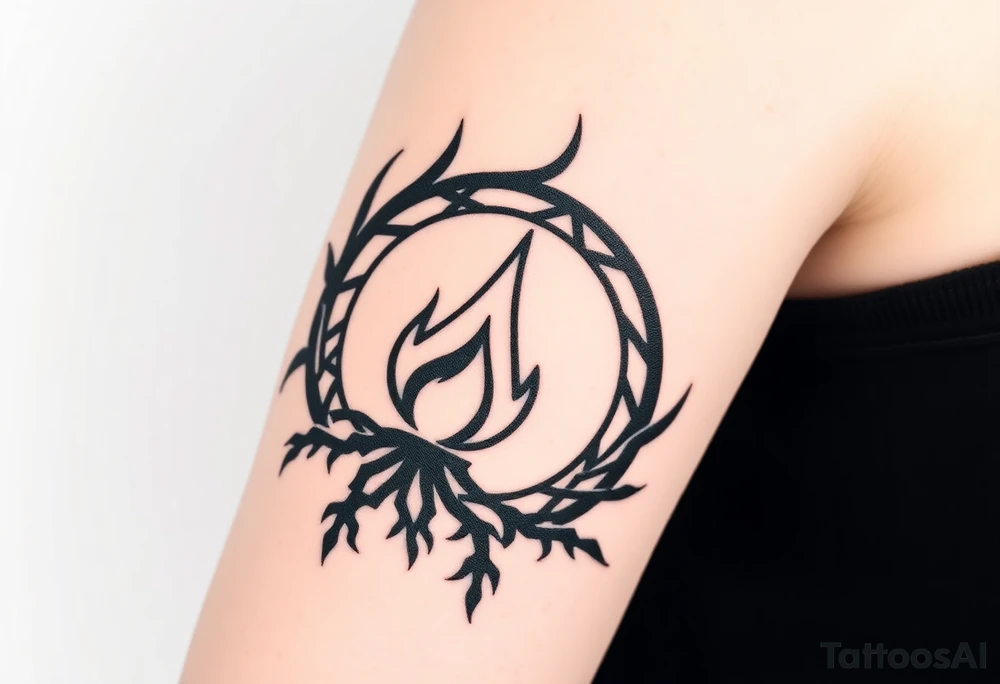 a flame imprisoned in a roots circle tattoo idea