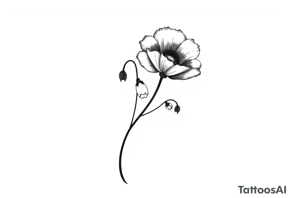 simple black and white tattoo with a bouquet from one stem with a poppy flower, lily of the valley flower , daffodil flower , with less lines and detail tattoo idea