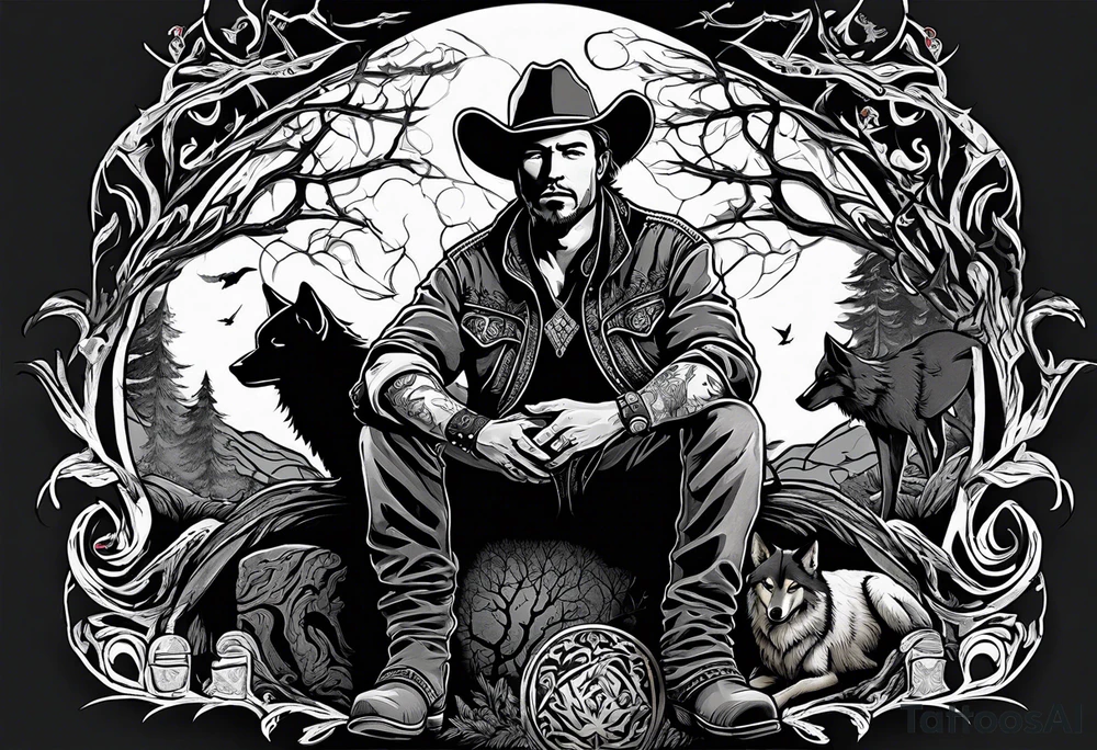 cowboy near death
 sitting in front of a fire with the tree of life behind him and a wolf and a raven tattoo idea
