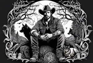 cowboy near death
 sitting in front of a fire with the tree of life behind him and a wolf and a raven tattoo idea