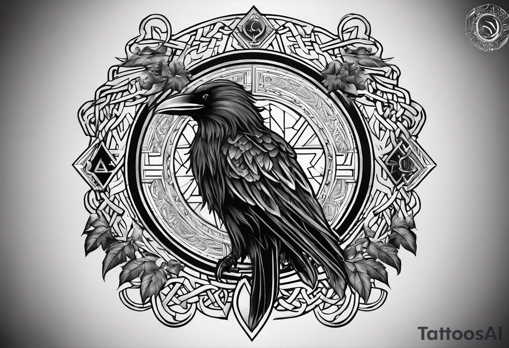 Thin line of a Nordic chain that surrounds the forearm composed by Yggdrasil, Valknut, Uruz (ᚢ), Raido (ᚱ), Gebo (ᚷ), Perthro (ᛈ), Elhaz (ᛉ), Laguz (ᛚ) and Odin’s Ravens. tattoo idea