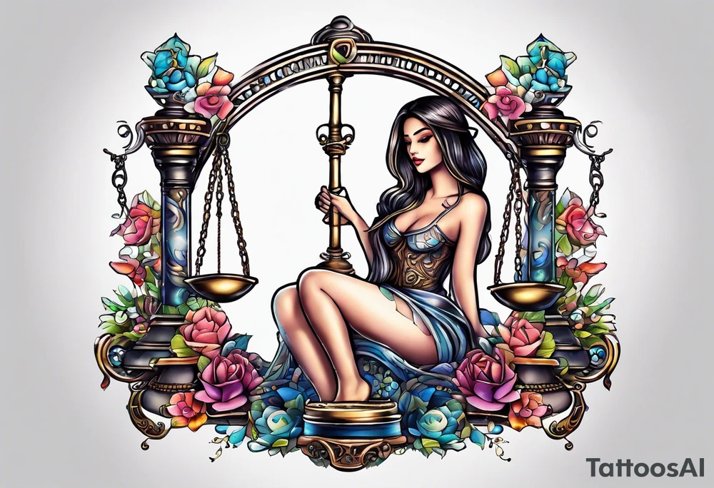 Intricate libra scales held by a beautiful woman tattoo idea