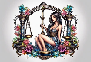 Intricate libra scales held by a beautiful woman tattoo idea