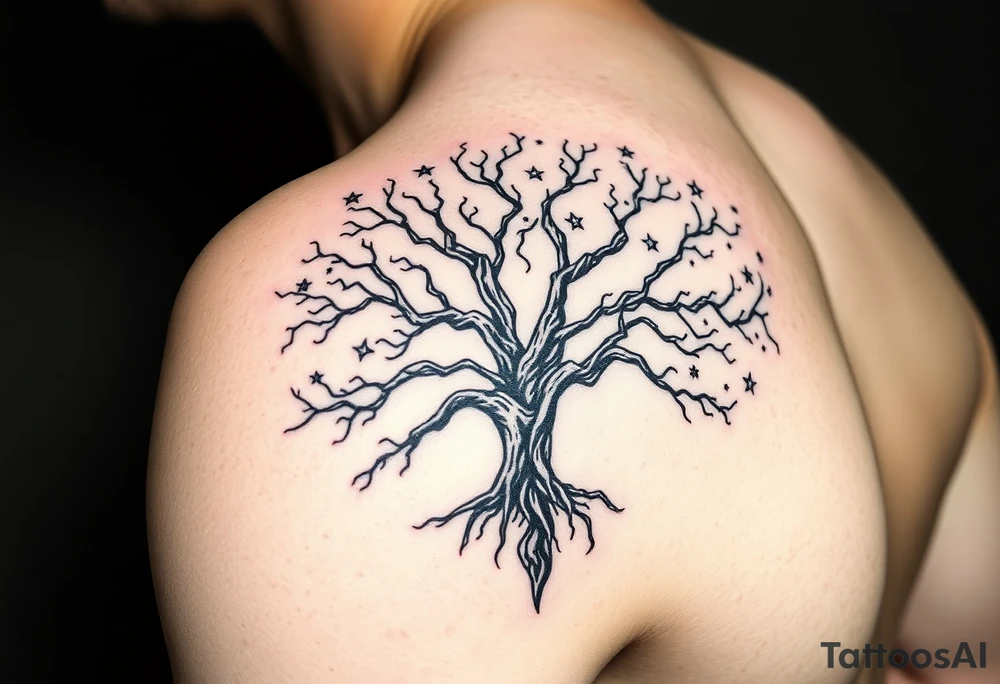Large Flowing asymmetrical symbolic tree quarter sleeve on shoulder that extends down arm and onto back and chest. Bold and simple branches that do not look realistic. Tree of gondor with seven stars tattoo idea