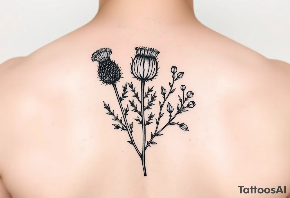 small botanical drawing of scottish thistle, olive branch/olive, and cat nip for a wrap around wrist tattoo as one plant tattoo idea