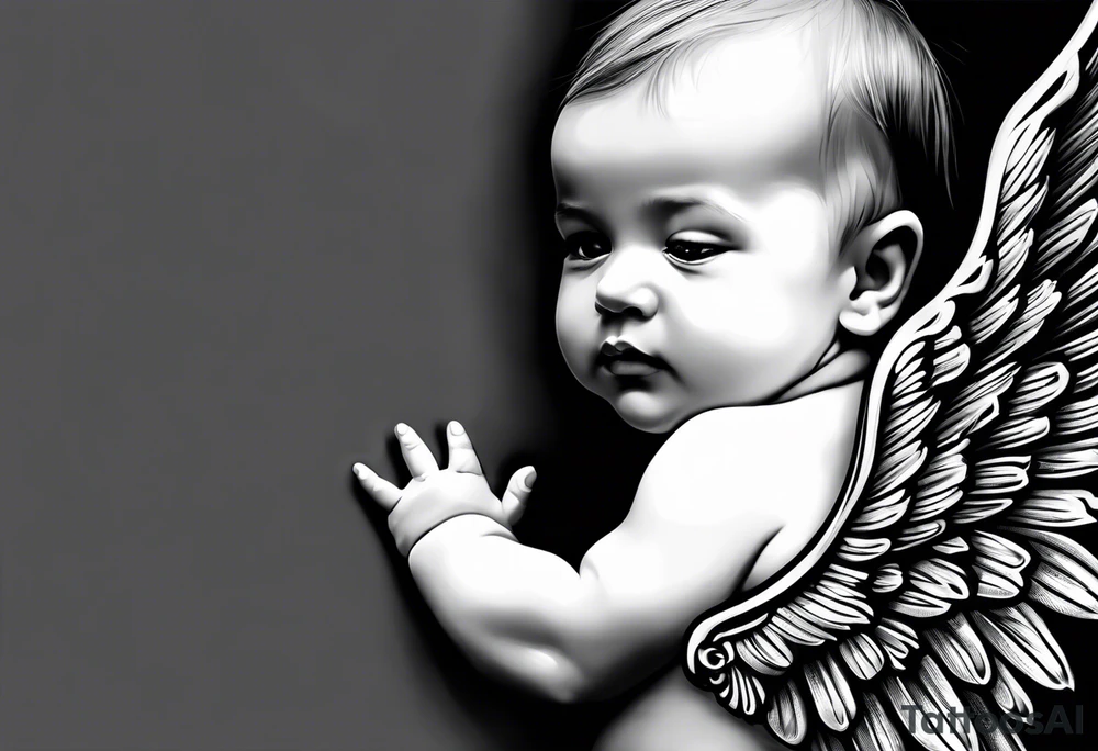 baby with one angel wing. Sided view so that we see only one wing. Name Leah written under in gothic letters. tattoo idea