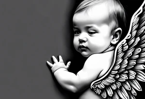 baby with one angel wing. Sided view so that we see only one wing. Name Leah written under in gothic letters. tattoo idea