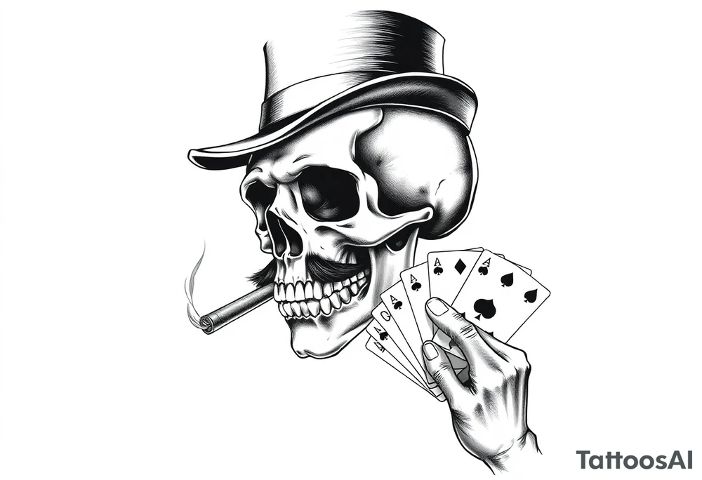 a skull with mustache,top-hat, cigar in his mouth and playing cards in a hand. tattoo idea