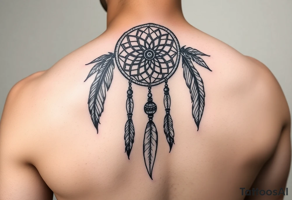 native dreamcatcher with flowing feathers and sacred beads tattoo idea