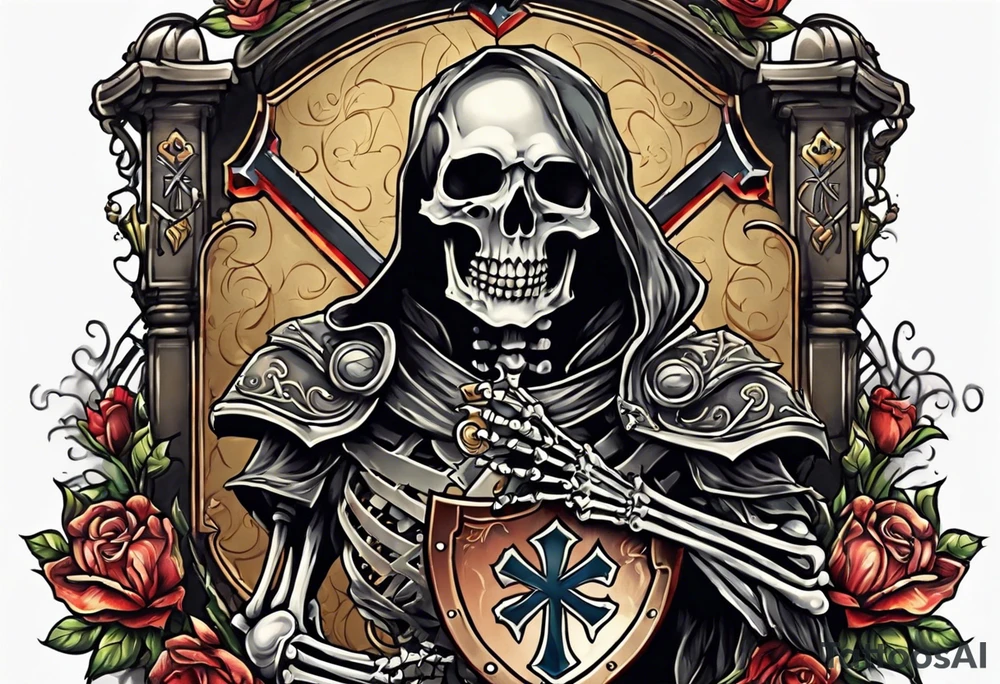 skeleton holding a shield with a cross on it tattoo idea