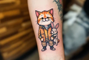 A cartoon cat, a loyal dog, and a tiny bunny dressed on casual human clothes tattoo idea