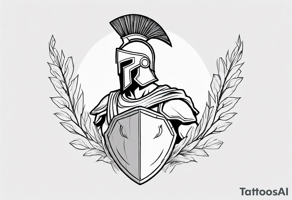 rectangular landscape format ultra-fine line linework vector of a spartan from the side, spartan spear, spartan shield, laurel wreath tattoo idea