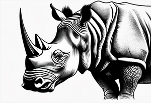 A front-facing rhino head with a sharp elongated tusk that appears angry and fierce. Ears pointed straight up and forward a bit. This rhino if he was in DnD would be a level 20 Paladin tattoo idea