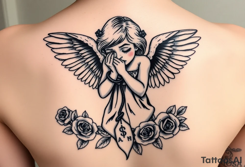 Crying angel handcuffed ,money notes, roses around all tattoo idea