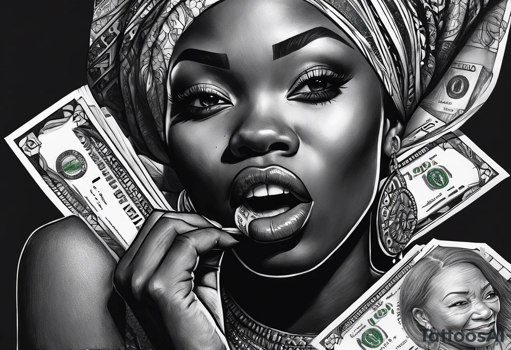 african woman biting money tattoo idea