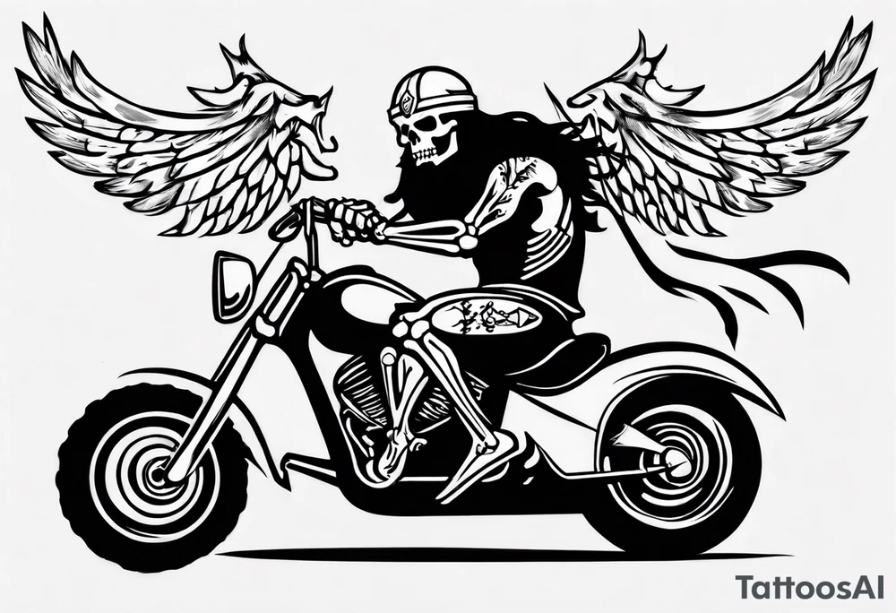 i want a tattoo of a big viking skeleton riding a motorcycle with flames and I want the words “Viking Customs” incorporated into the design tattoo idea