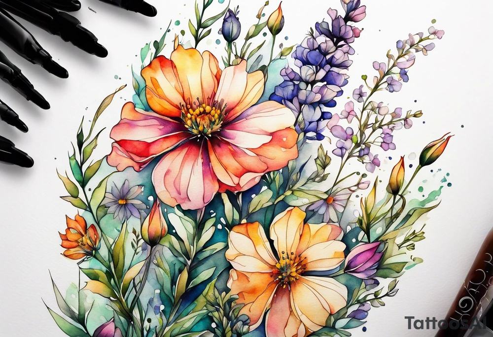 wild flowers long stems all watercolor tattoo idea