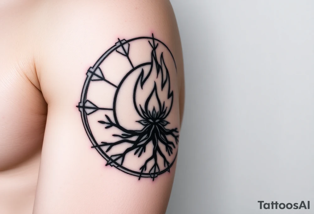 flame in a blooming roots circle tattoo idea