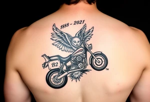 Dale Earnhardt car on it with the year 1958 - 2021 intertwined with a motorcycle with a Budweiser logo on it with a guardian angel wolf tattoo idea