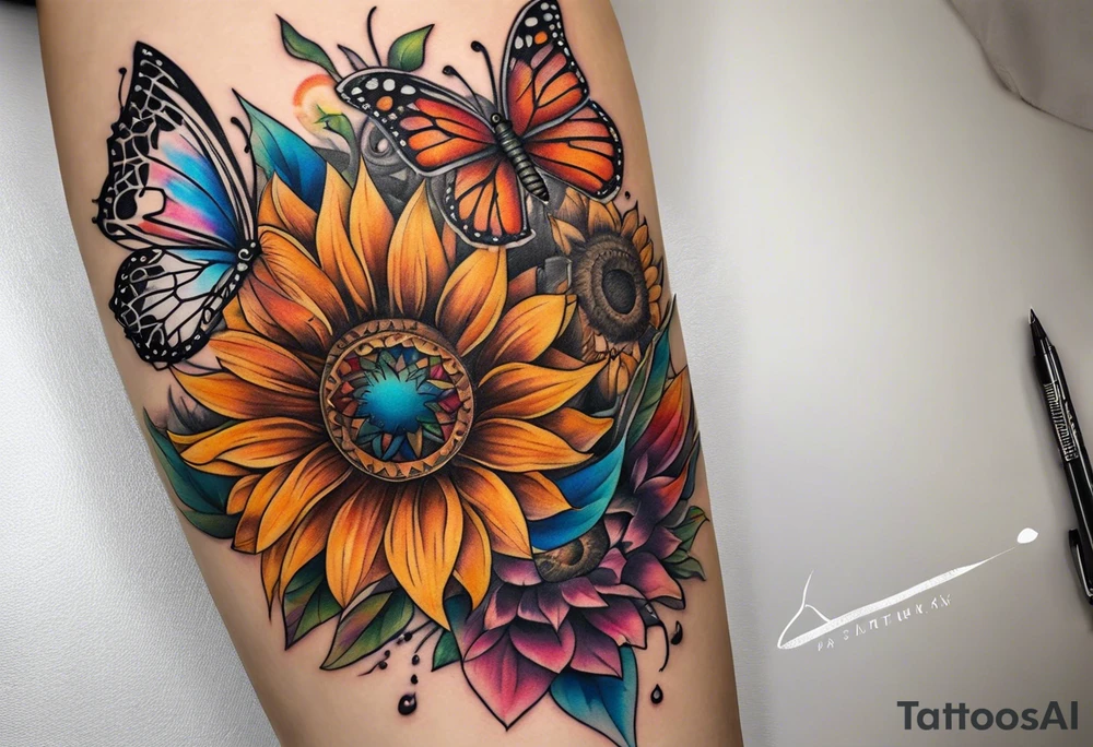 Quarter Leg sleeve with dreamcatcher, rainbow sunflowers and one butterfly tattoo idea