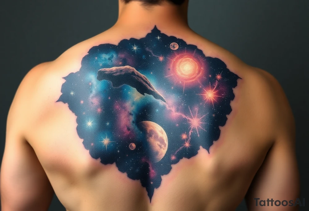 Beautiful and epic 3d milky way that appears to be what is beneath the skin. Make it drape over the shoulder and move to the middle back. use negative spaces to create stars and dust. Incorporate God breathing life into the universe. Keep it symmetrical tattoo idea