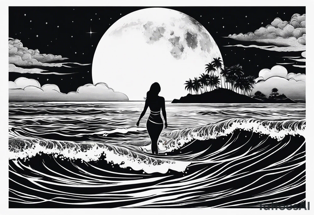 Silouhette of two people on beach water with moon tattoo idea