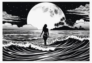 Silouhette of two people on beach water with moon tattoo idea